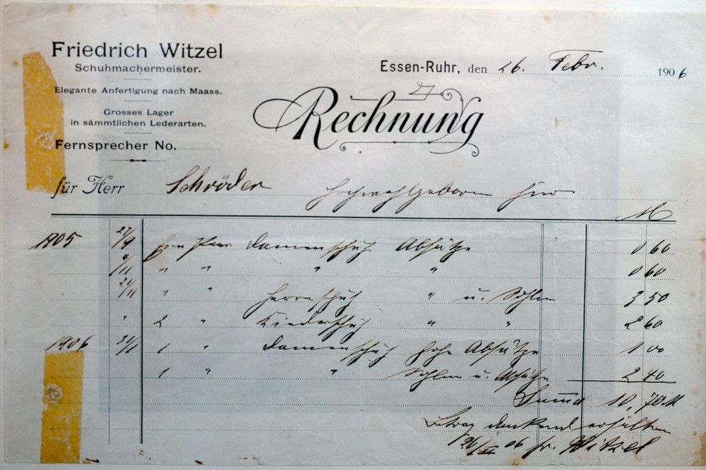 Rechnung von Witzel Maßschuhe Essen aus dem Jahre 1906